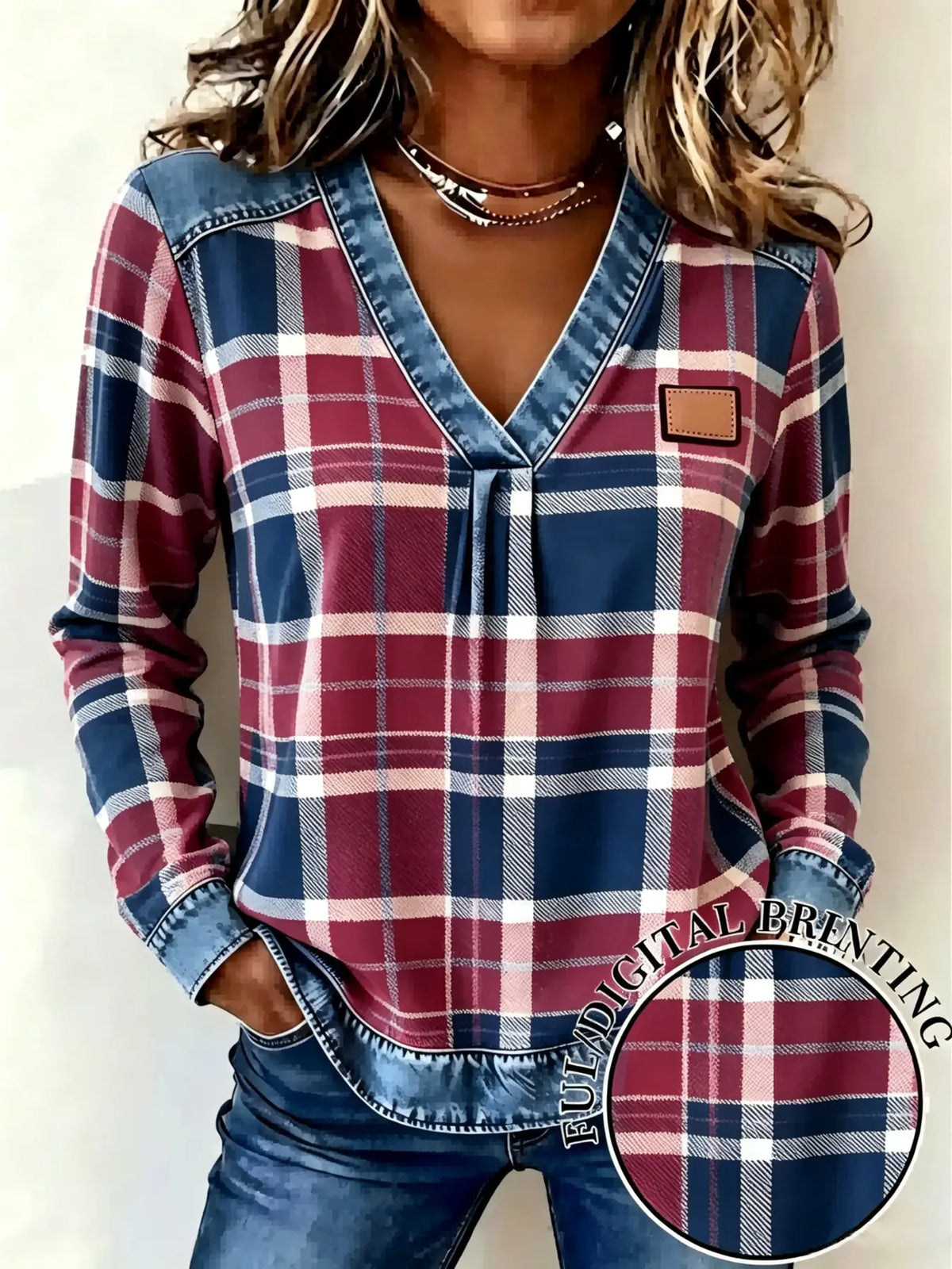 Women’s Plaid V-Neck Top – Faux Denim Trim Long Sleeve Casual Shirt