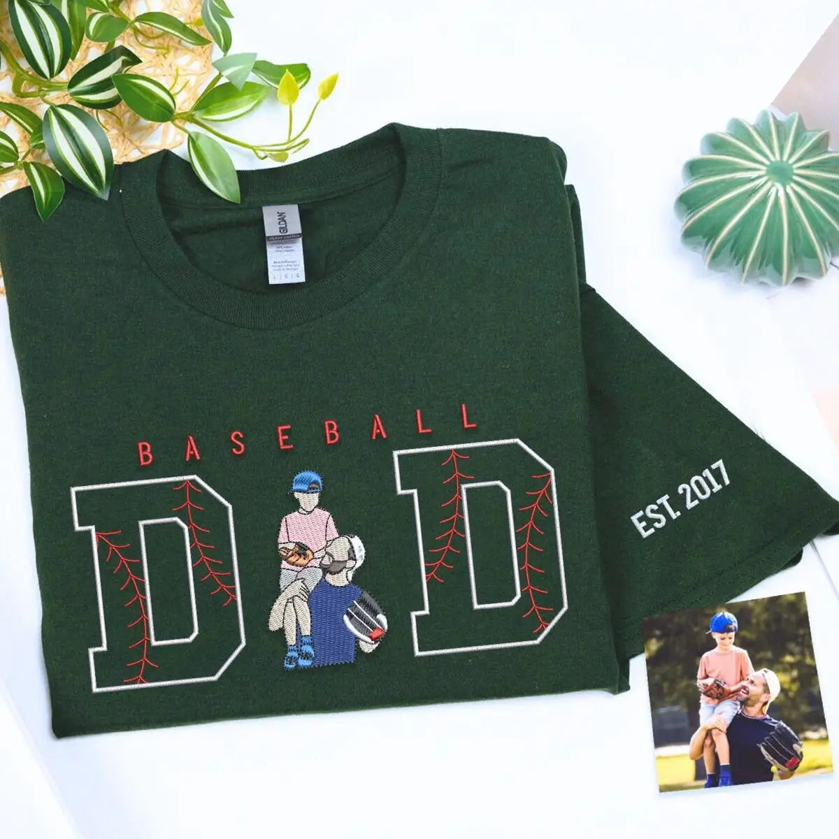Custom Baseball Dad Shirts with Portrait and Name on Sleeve, Embroidered Gift for Baseball Dad