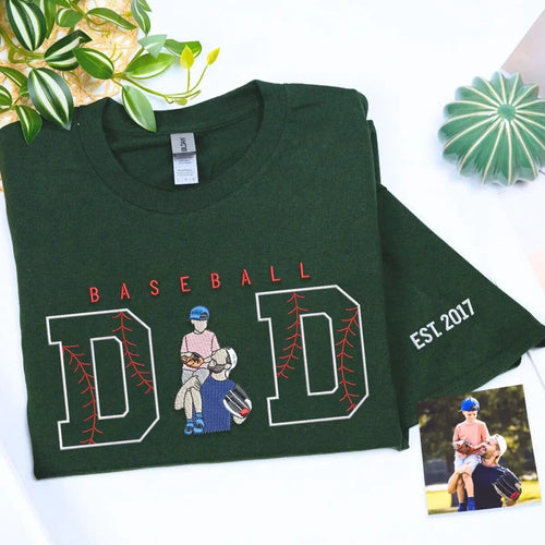 Custom Baseball Dad Shirts with Portrait and Name on Sleeve, Embroidered Gift for Baseball Dad