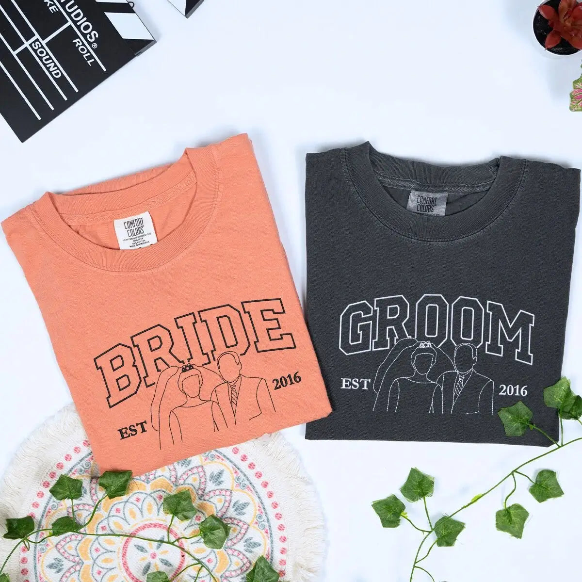 Personalized Bride and Groom Shirts with Embroidered Portrait from Photo, Wedding Gifts for Couples