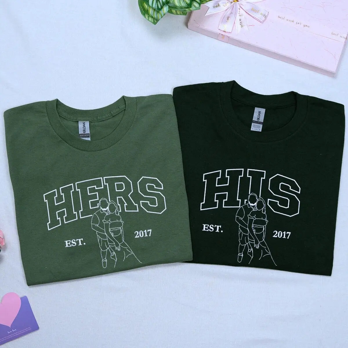 Personalized His and Her Shirts with Embroidered Portrait from Photo, Gifts for Him and Her