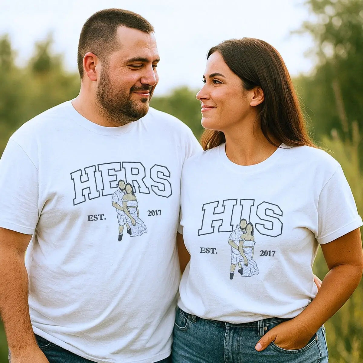 Personalized His and Her Shirts with Embroidered Portrait from Photo, Gifts for Him and Her