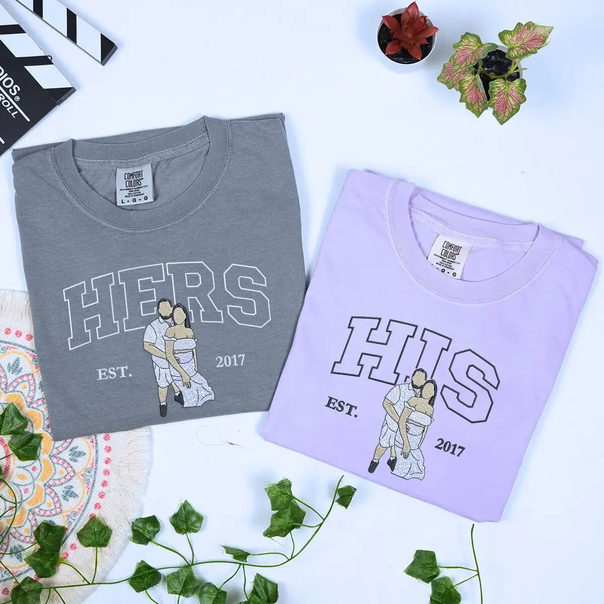 Personalized His and Her Shirts with Embroidered Portrait from Photo, Gifts for Him and Her