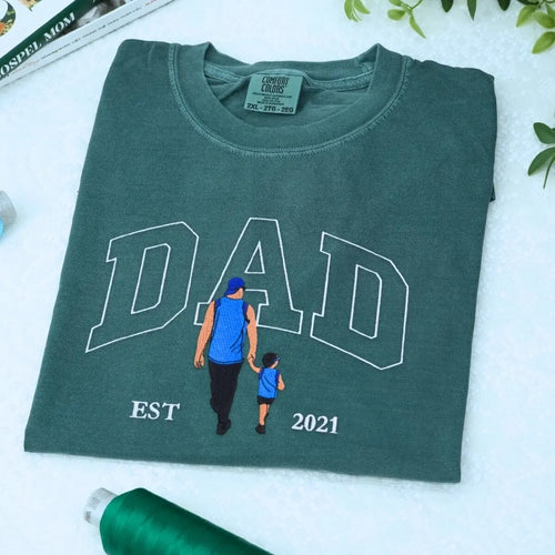 Custom Awesome Dad T Shirt with Portrait and Kids Names on Chest, Embroidered Gift for Dad