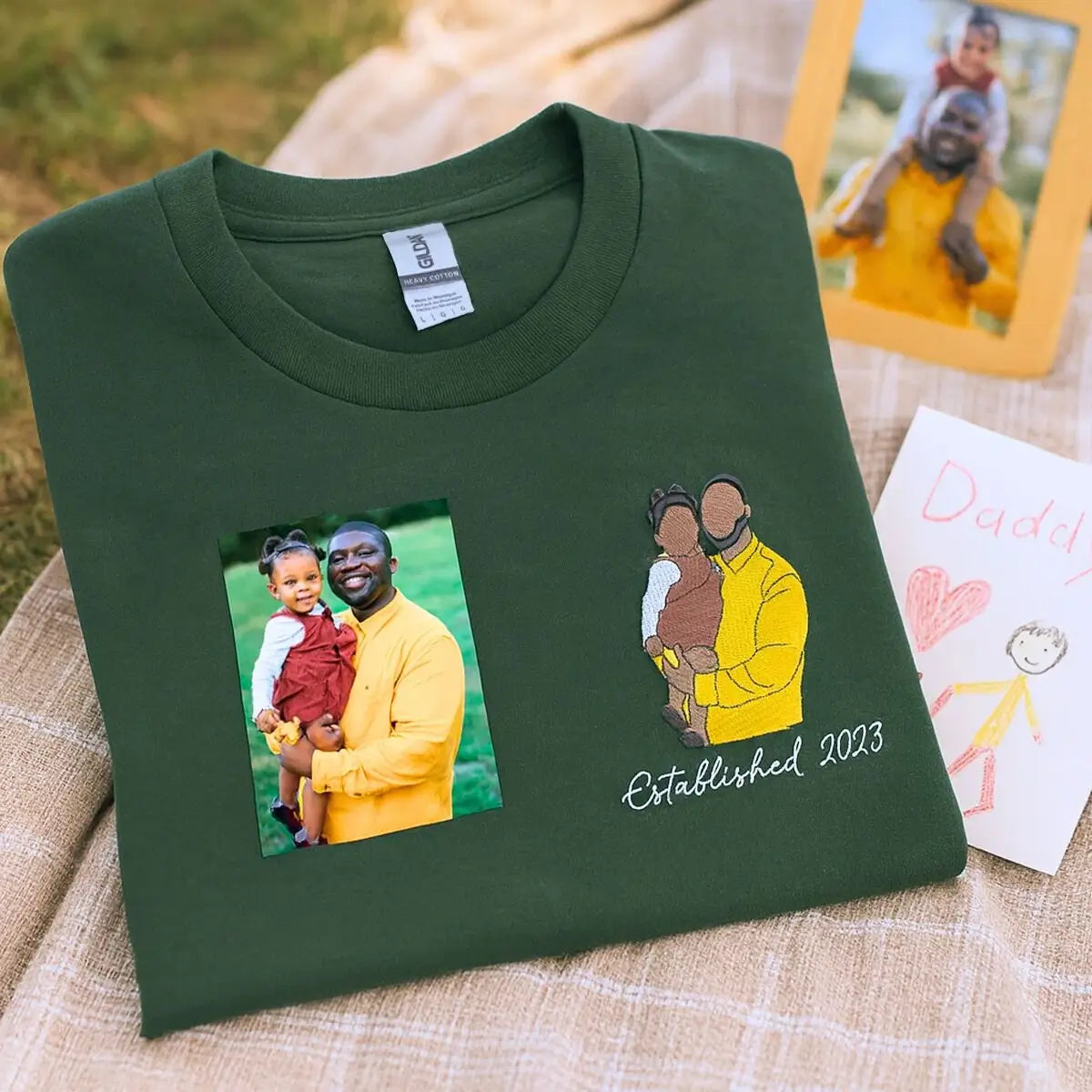Custom Awesome Dad T Shirt with Portrait and Kids Names on Chest, Embroidered Gift for Dad