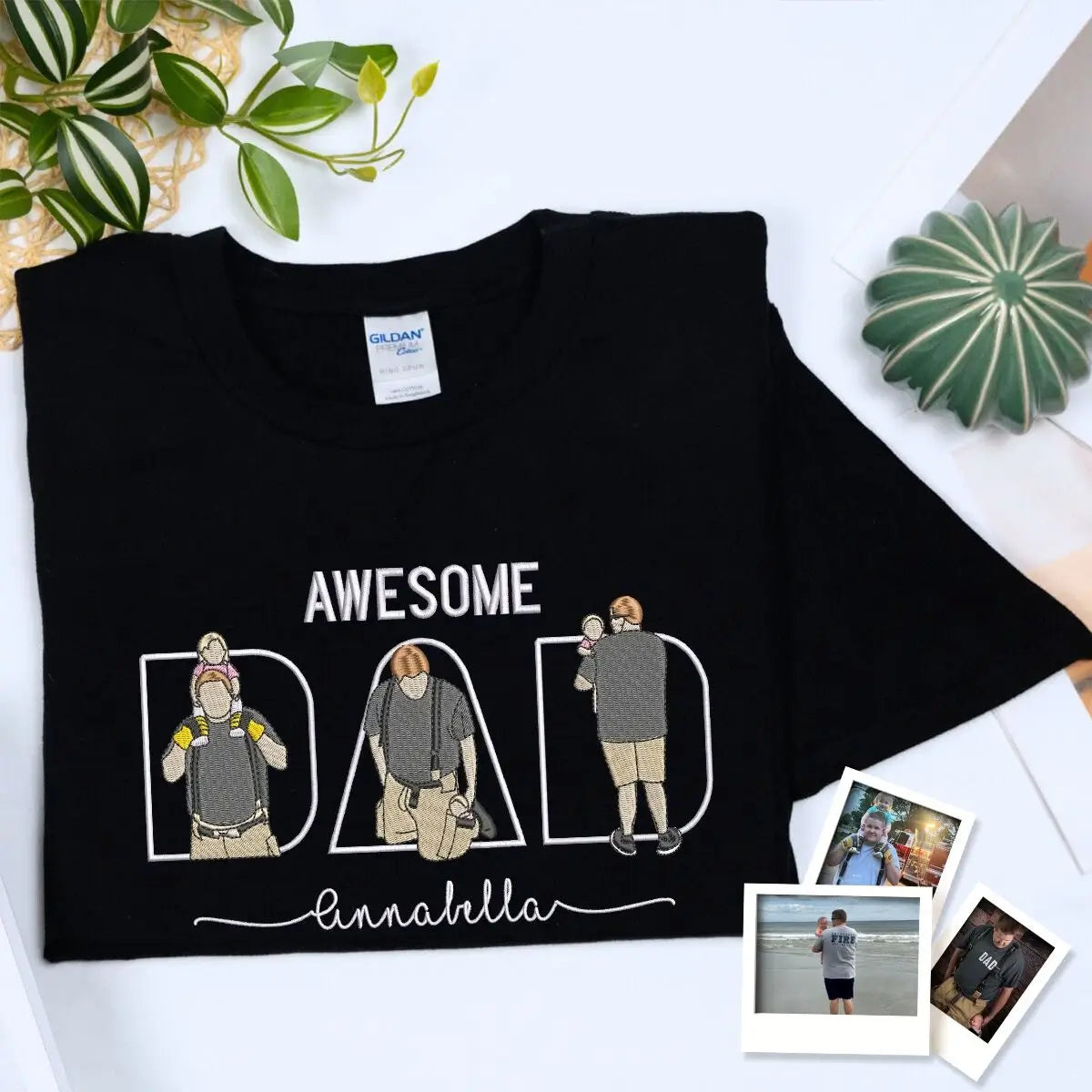 Custom Awesome Dad T Shirt with Portrait and Kids Names on Chest, Embroidered Gift for Dad