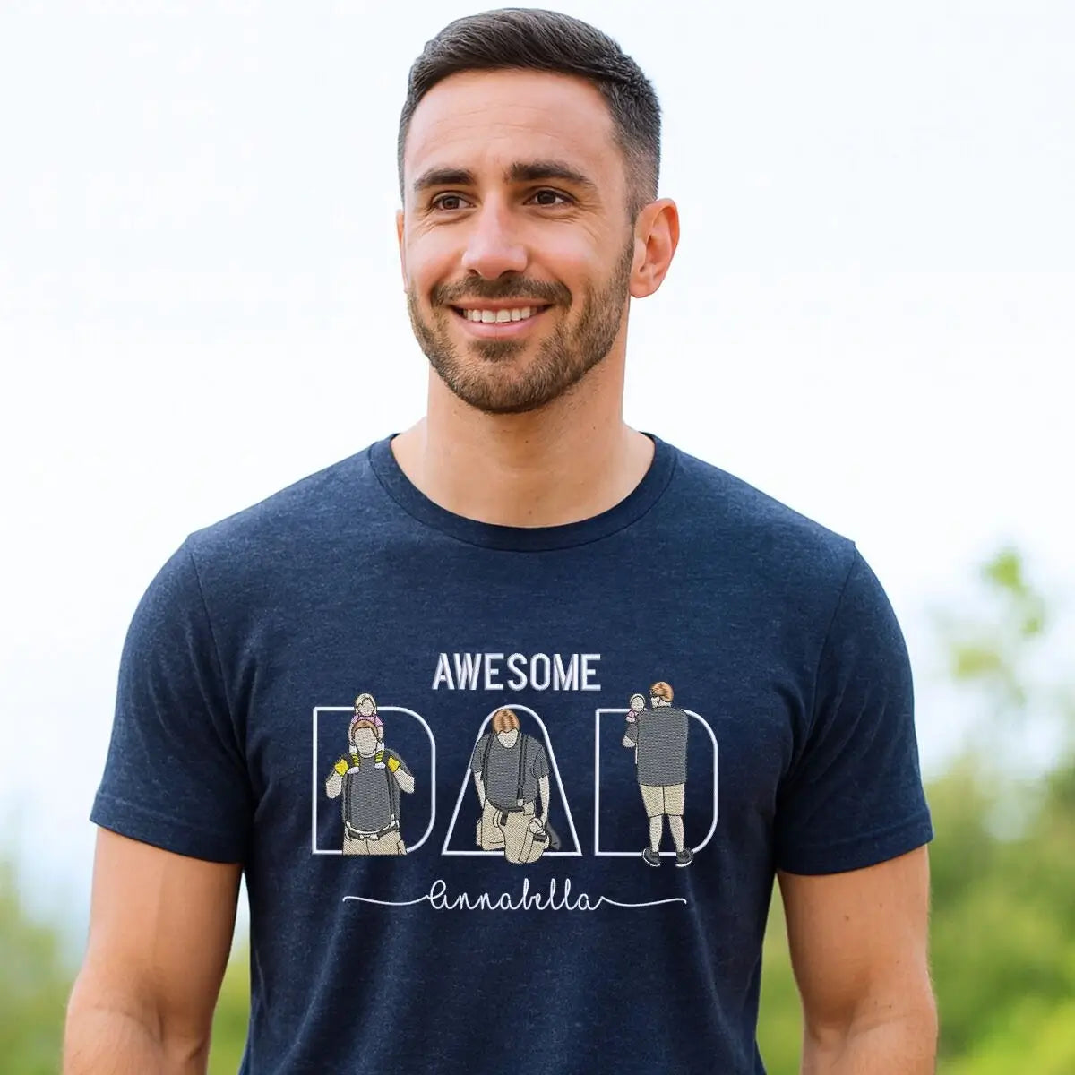 Custom Awesome Dad T Shirt with Portrait and Kids Names on Chest, Embroidered Gift for Dad