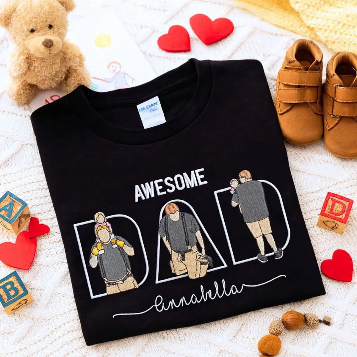 Custom Awesome Dad T Shirt with Portrait and Kids Names on Chest, Embroidered Gift for Dad