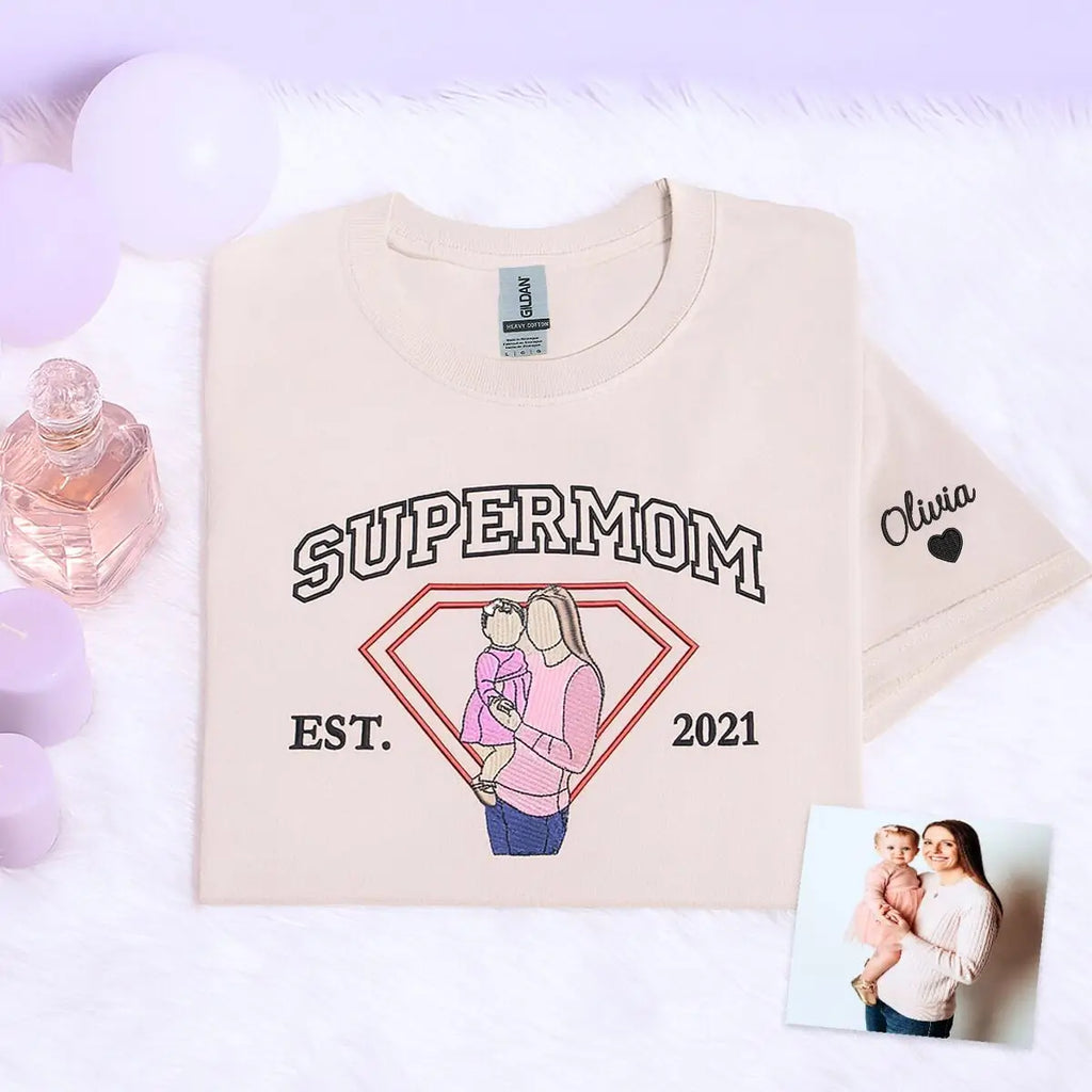 Personalized Super Mom Shirt with Embroidered Portrait from Photo, Mother's Day Gifts for Wife