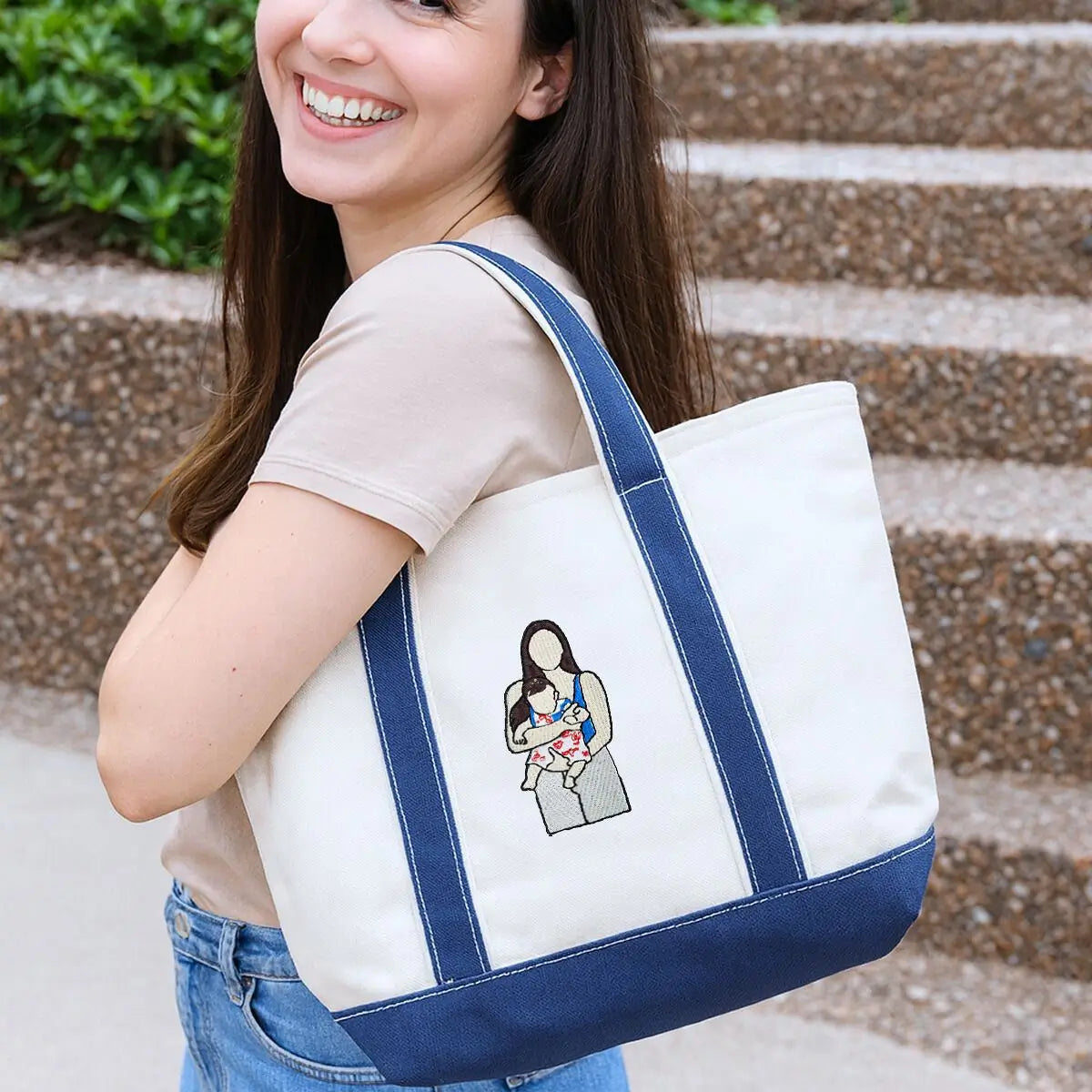 Personalized Mom Tote Bag with Embroidered Portrait fom Photo, Unique Mother's Day Gifts