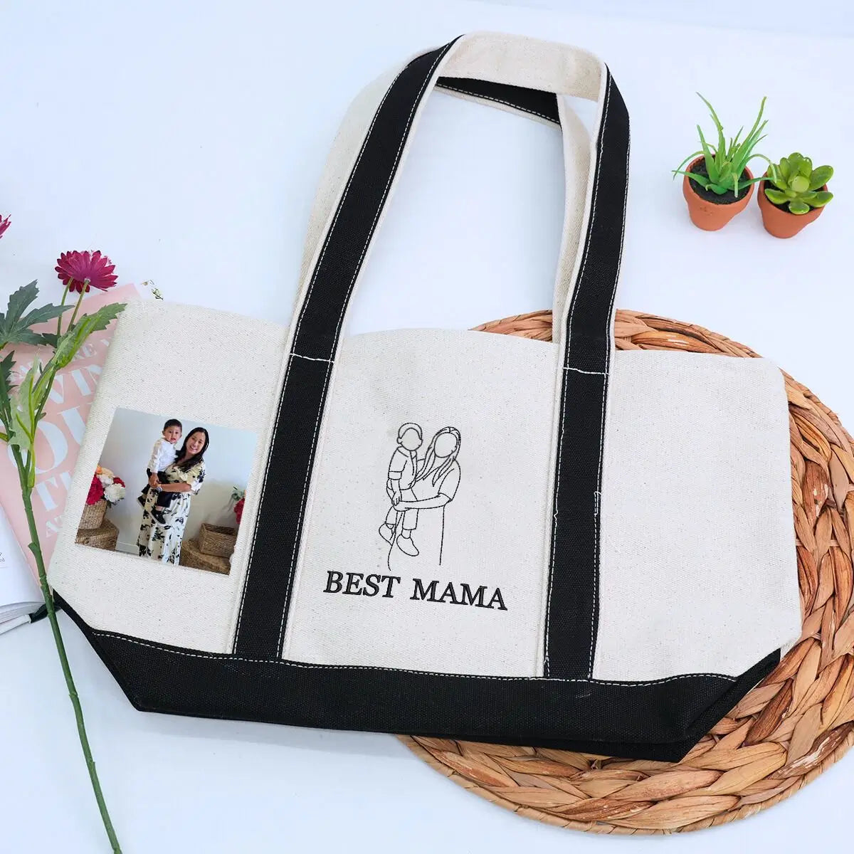 Personalized Mom Tote Bag with Embroidered Portrait fom Photo, Unique Mother's Day Gifts