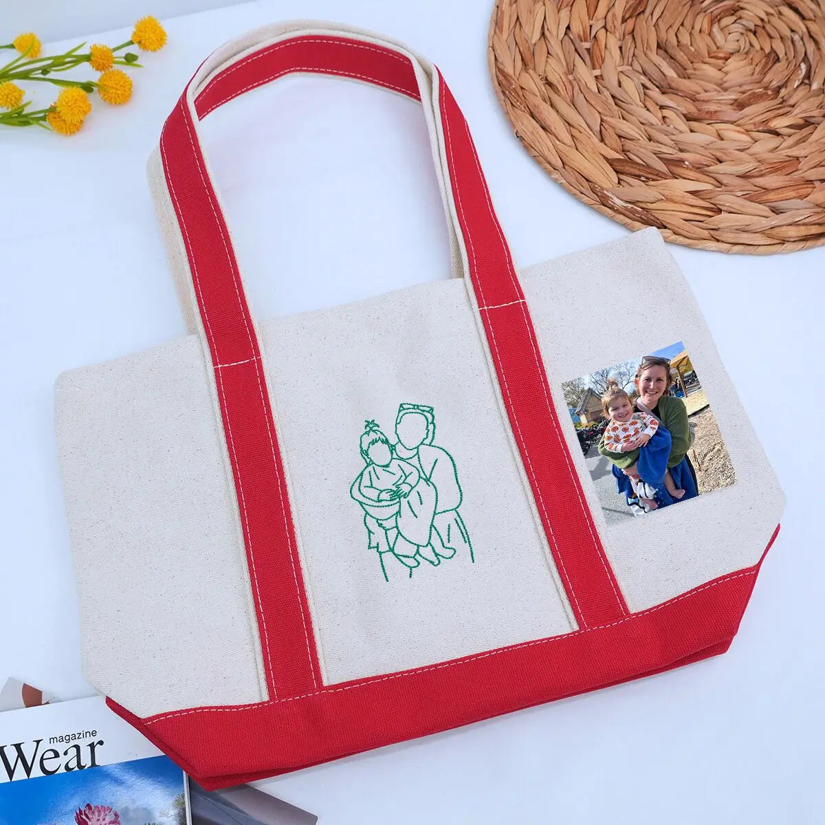 Personalized Mom Tote Bag with Embroidered Portrait fom Photo, Unique Mother's Day Gifts