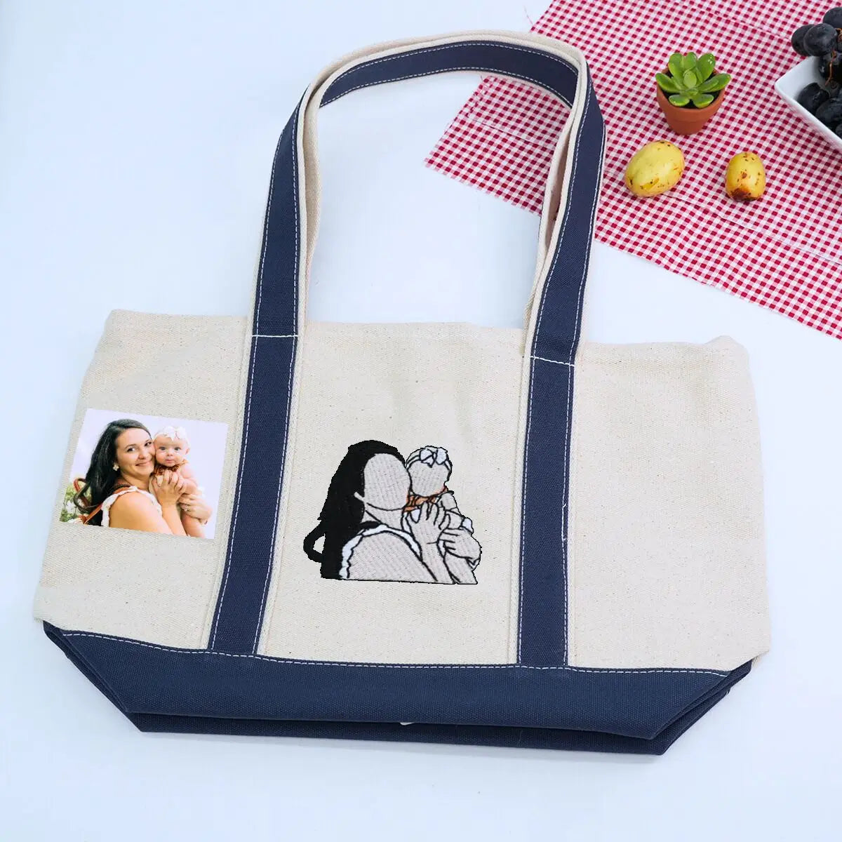 Personalized Mom Tote Bag with Embroidered Portrait fom Photo, Unique Mother's Day Gifts