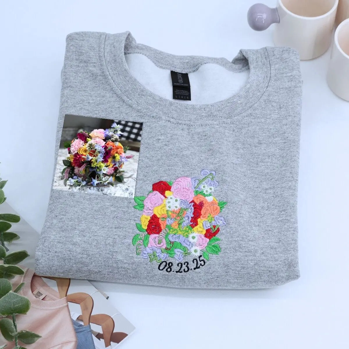 Personalized Embroidered Wedding Bouquet Sweatshirt, Wedding Anniversary Gift, Floral Bride Gift