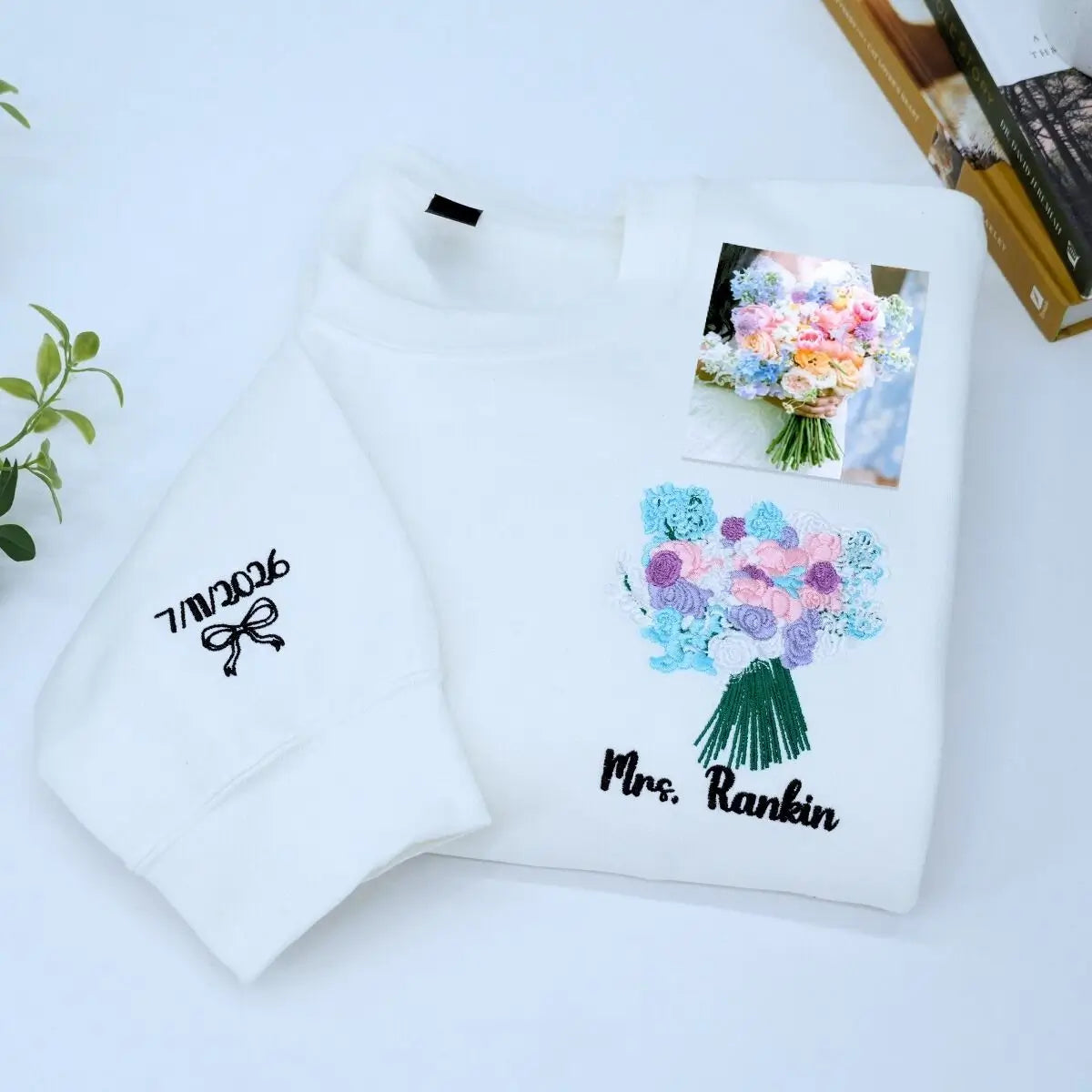 Personalized Embroidered Wedding Bouquet Sweatshirt, Wedding Anniversary Gift, Floral Bride Gift