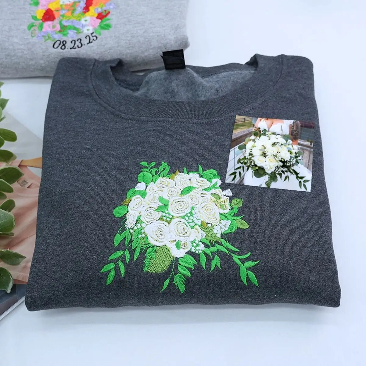 Personalized Embroidered Wedding Bouquet Sweatshirt, Wedding Anniversary Gift, Floral Bride Gift
