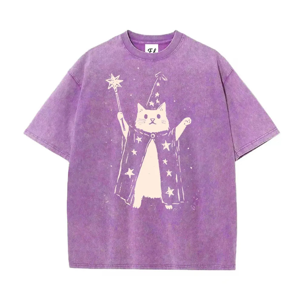 Wizard Cat Vintage Washed T-Shirt/Sweatshirt/Hoodie – Cute Fantasy Graphic Unisex Tee