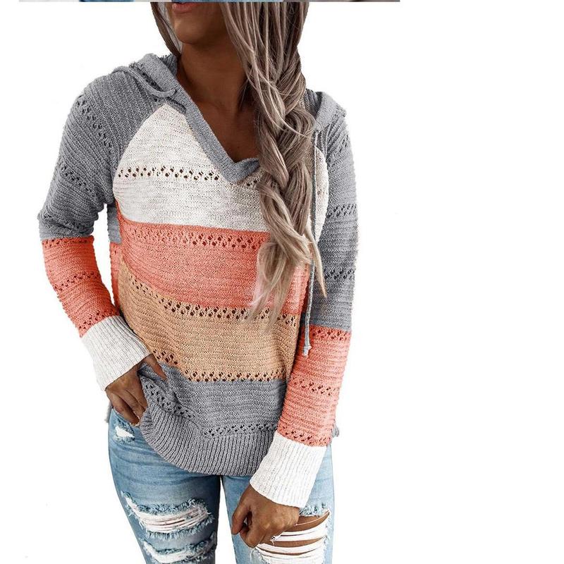 Women’s Color Block Knit Hoodie – Casual Openwork Pullover Sweater