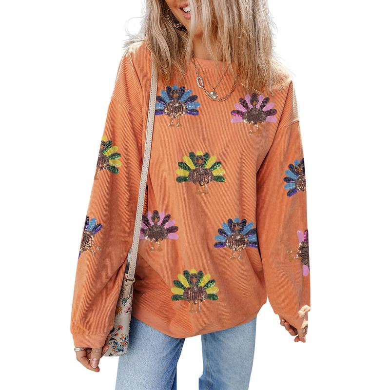 Women's Sequin Print Effect Turkey Thanksgiving Sweatshirt – Oversized Corded Holiday Pullover