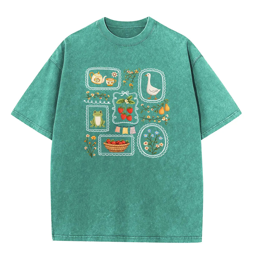 Vintage Cottagecore Goose & Strawberry Graphic T-Shirt/Sweatshirt/Hoodie - Acid Wash Folk Art Nature