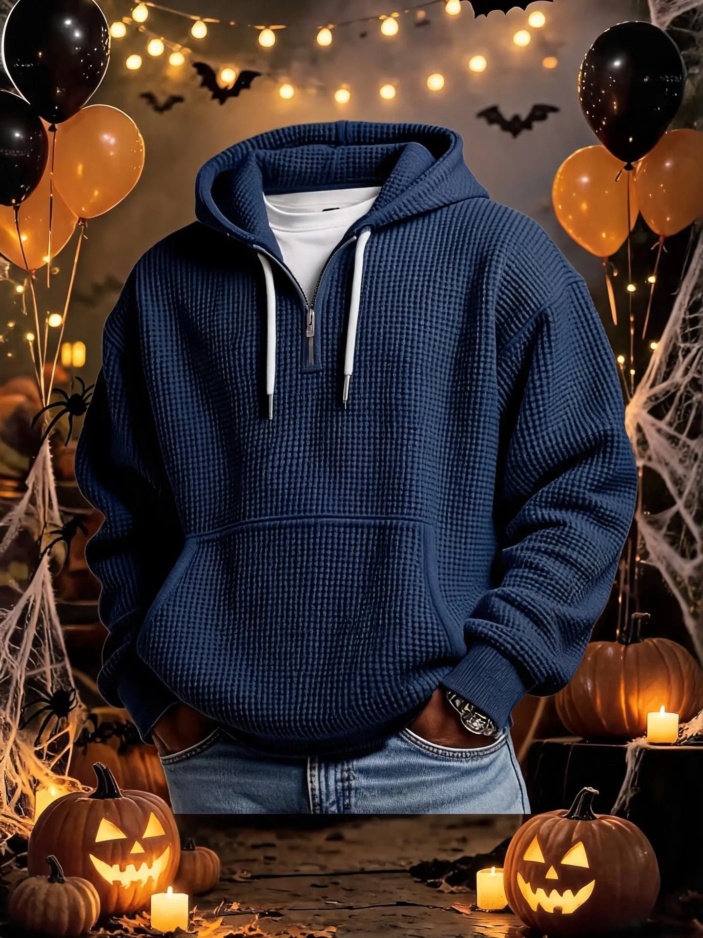 Men’s Waffle Knit Half Zip Hoodie – Textured Pullover Sweatshirt with Kangaroo Pocket