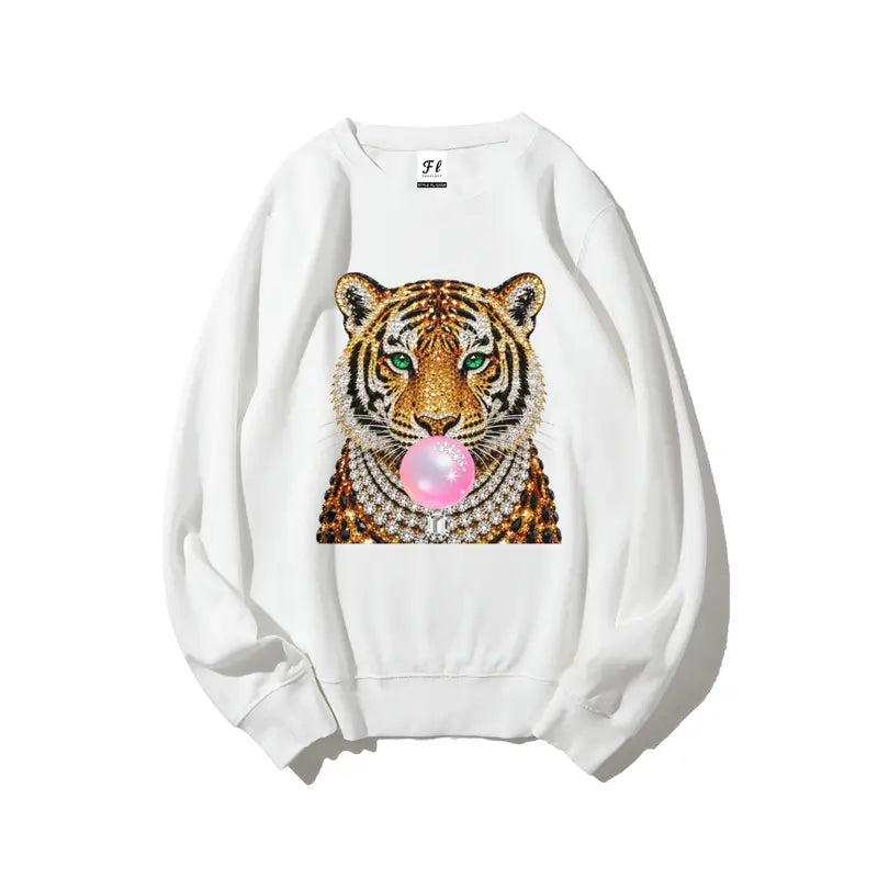 Glam Tiger Bubble Gum T-Shirt/Sweatshirt/Hoodie – Rhinestone Style Animal Graphic Tee, Y2K Streetwear Top
