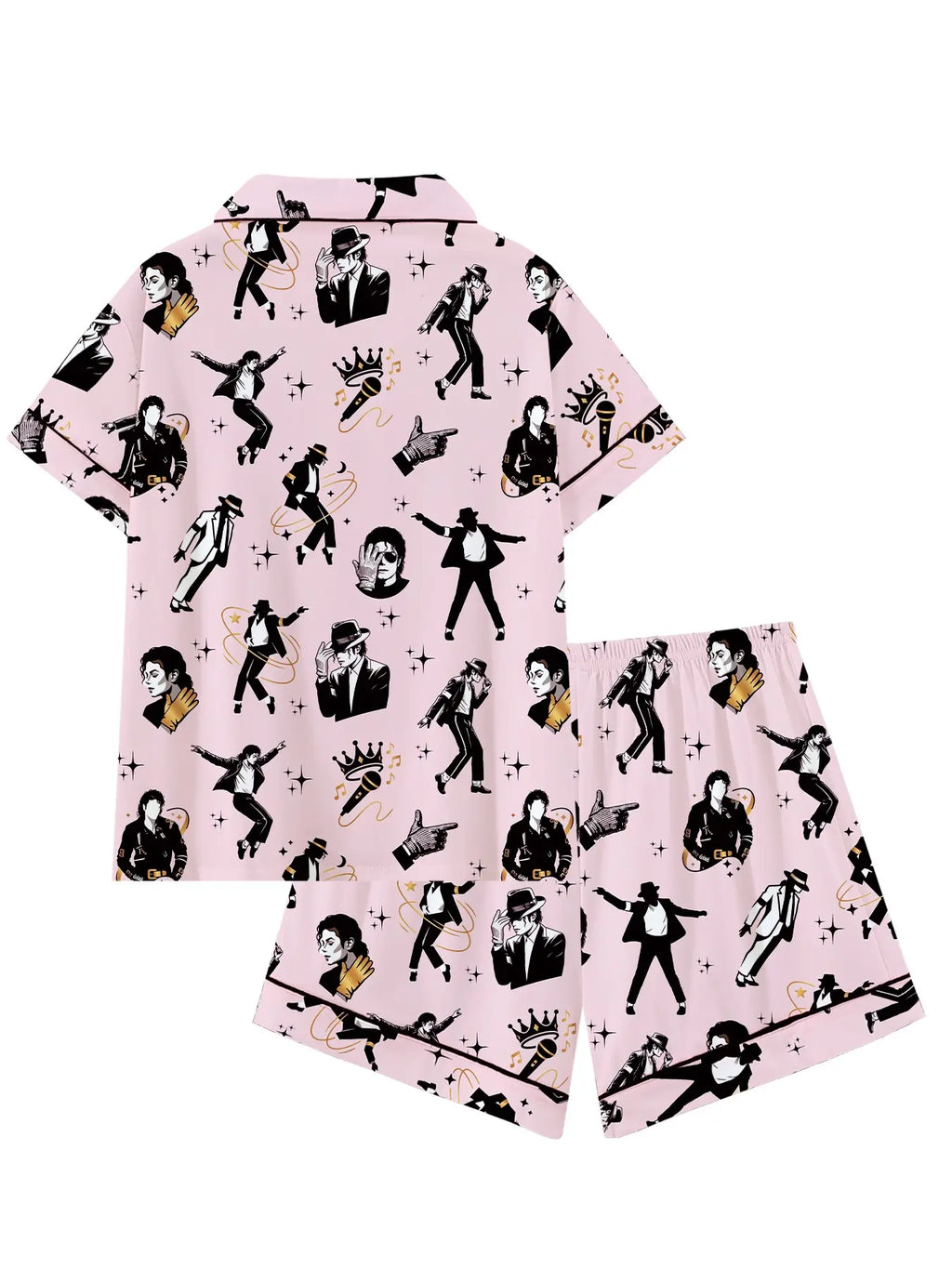 Vintage Music Icon Pajama Set – All-Over Print Button-Up Shirt & Shorts Sleepwear