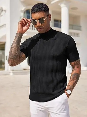 Men's Ribbed Mock Neck T-Shirt – Minimalist Short Sleeve Knit Top