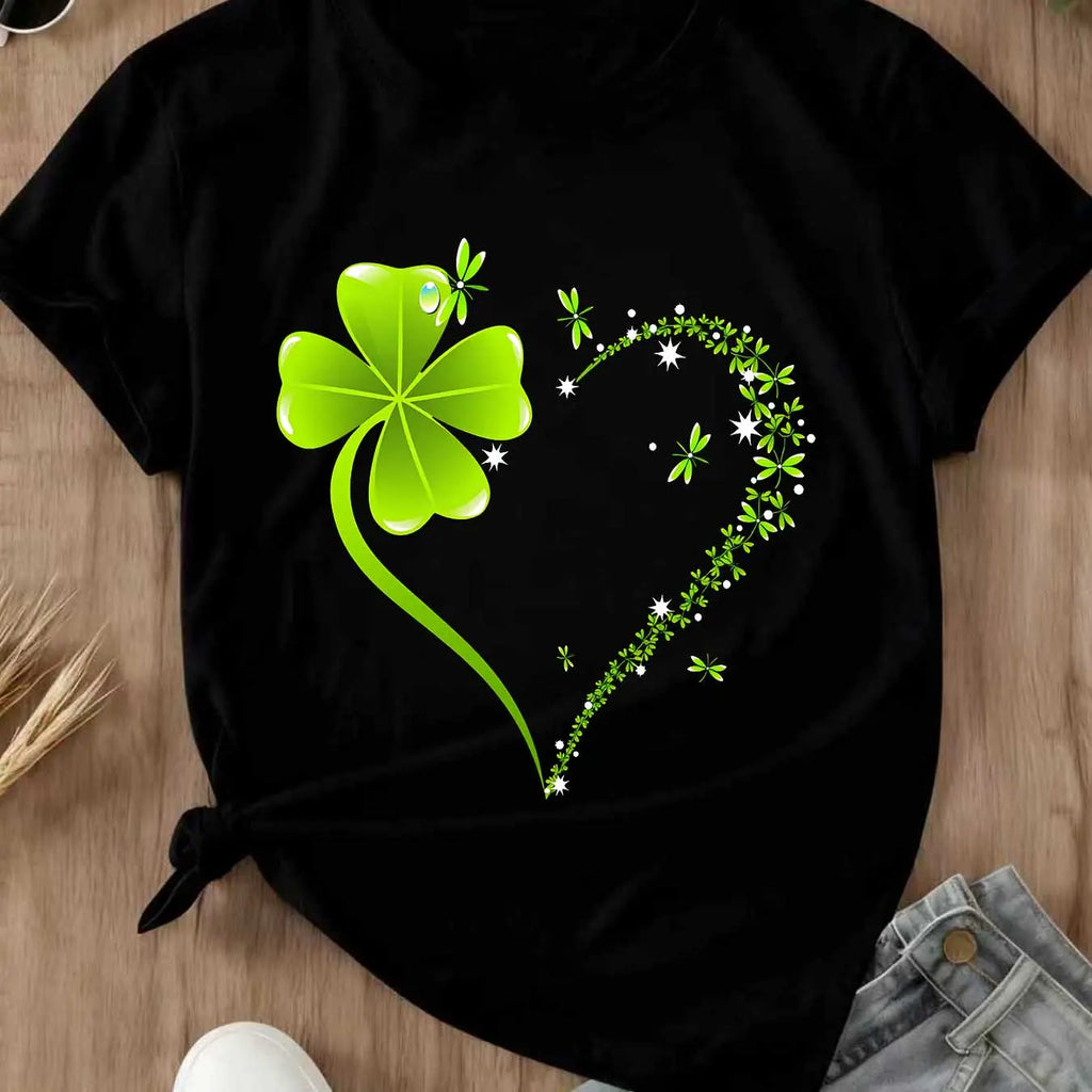 Crew Neck T Shirt  Four Leaf Clover Heart Design St Patrick's Day Celebration
