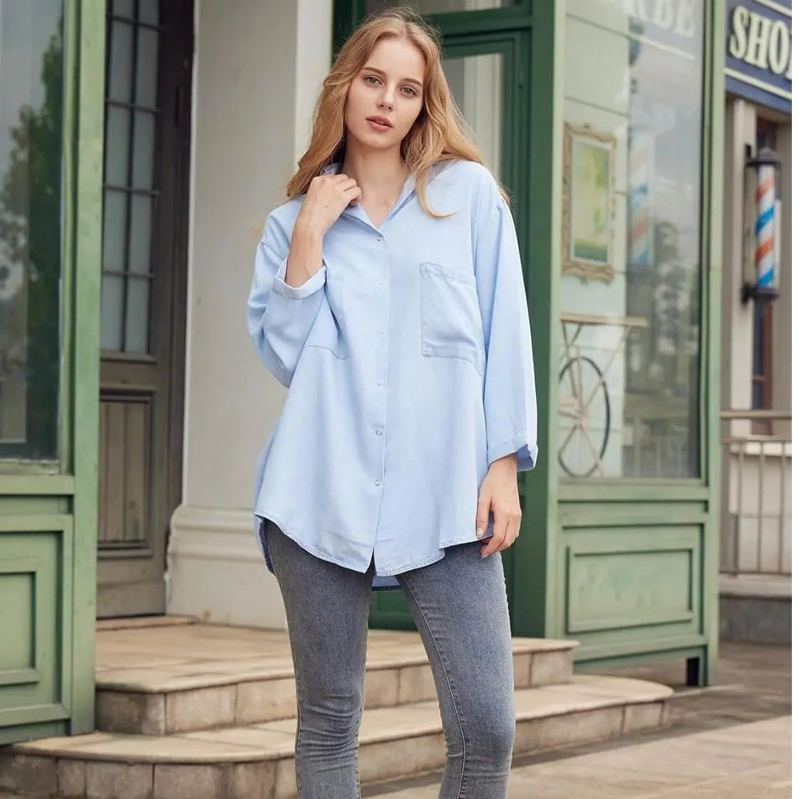 Women’s Tencel Chambray Denim Shirt – Oversized Button Down 3/4 Sleeve Top with Pockets