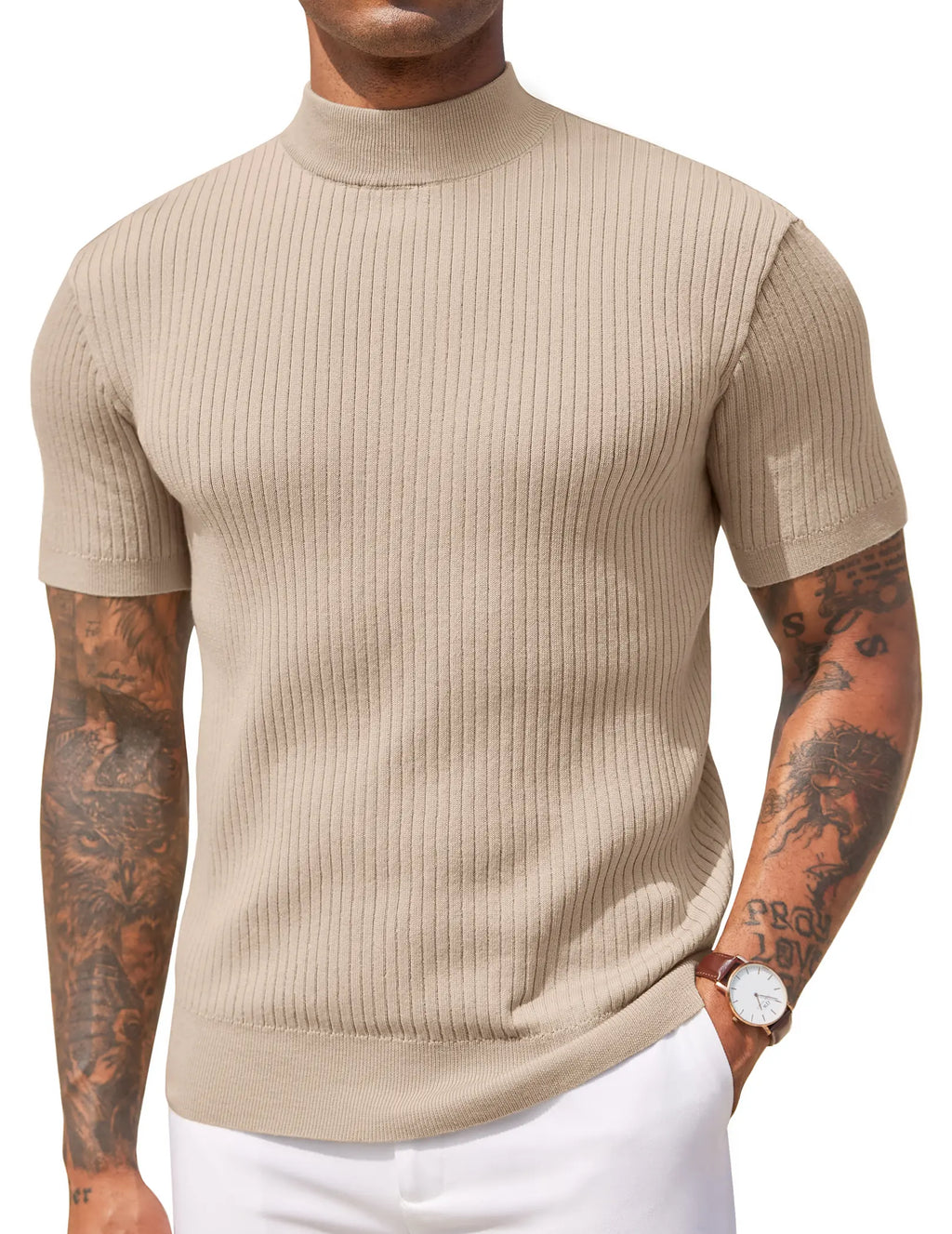 Men's Ribbed Mock Neck T-Shirt – Minimalist Short Sleeve Knit Top