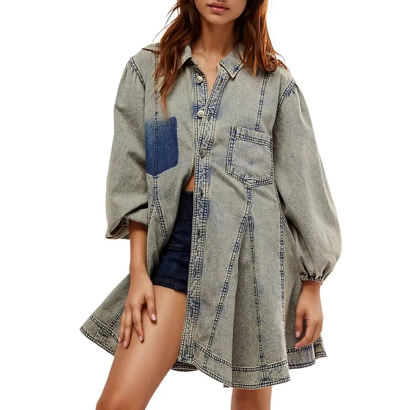 Women’s Washed Denim Shirt Dress – Puff Sleeve Button Front Babydoll Mini Dress with Patch Pockets