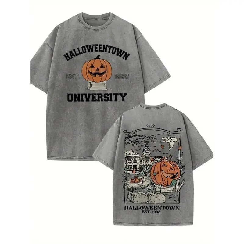 Halloweentown University Vintage Halloween T-Shirt/Sweatshirt/Hoodie – Pumpkin Front & Back Graphic Washed Tee