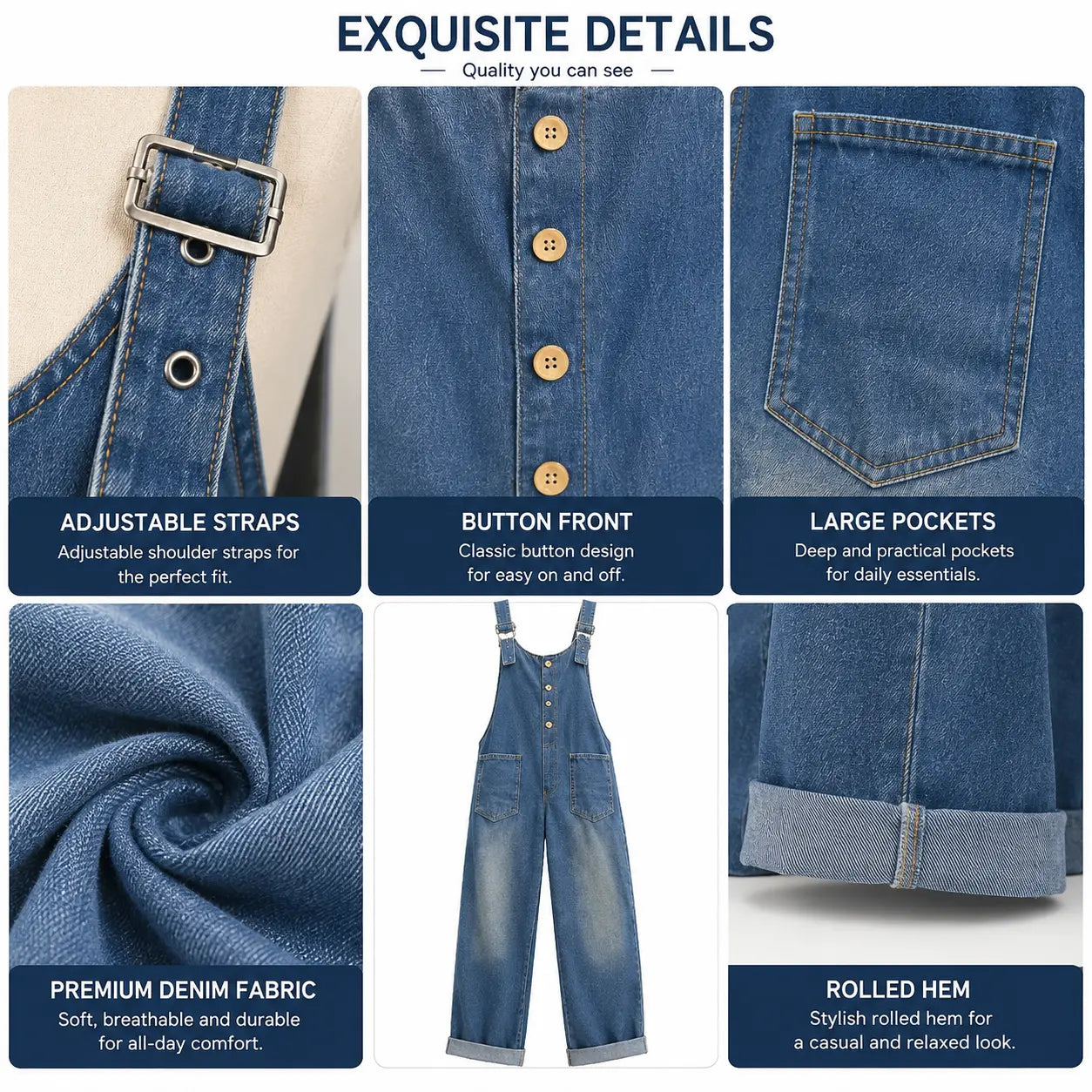Women’s Loose Fit Denim Overalls – Adjustable Strap Button Front Jumpsuit with Large Pockets