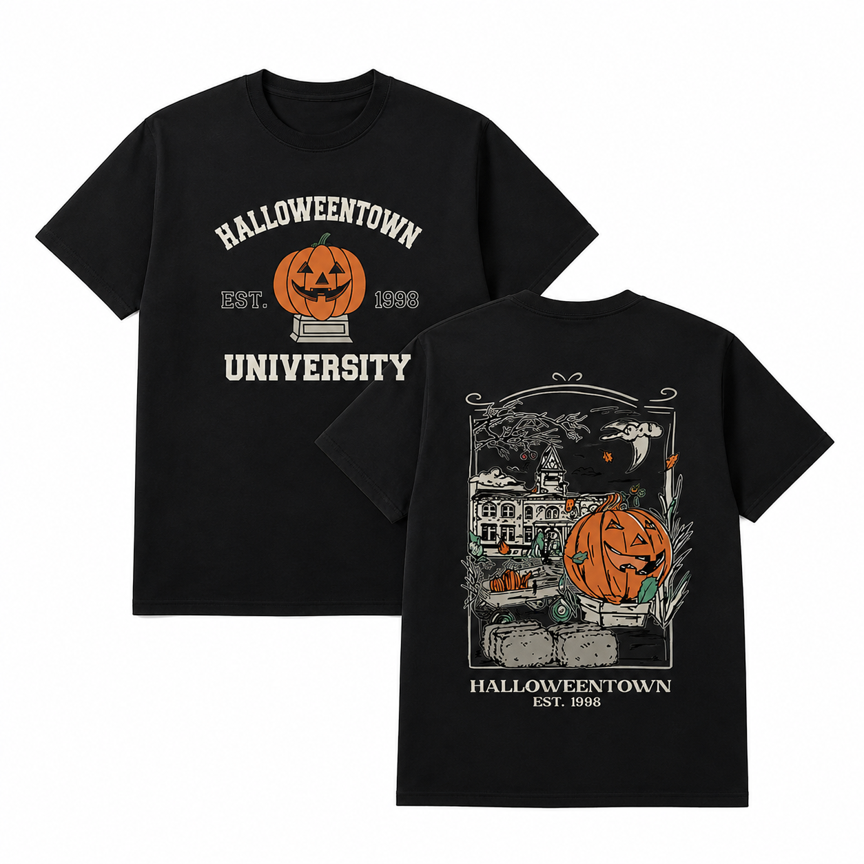 Halloweentown University Vintage Halloween T-Shirt/Sweatshirt/Hoodie – Pumpkin Front & Back Graphic Washed Tee