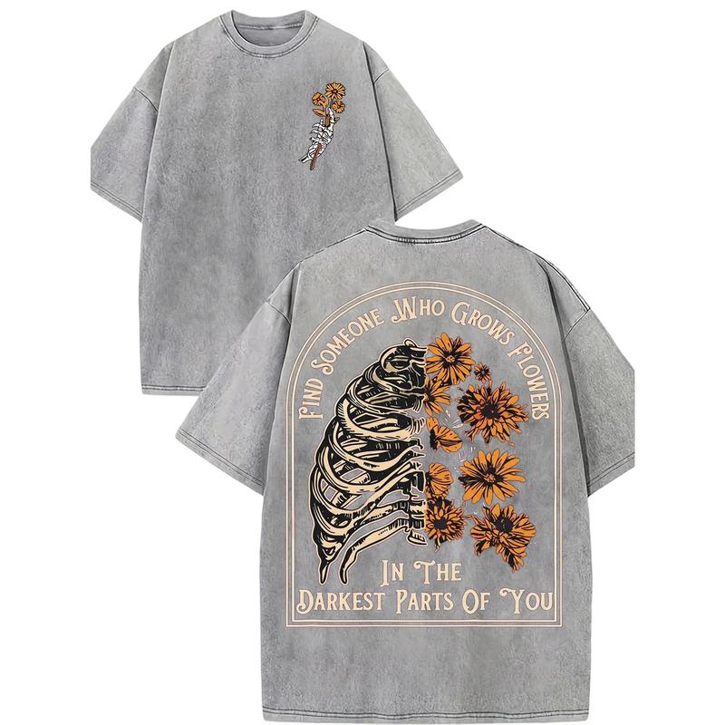 Skeleton Sunflower Graphic T-Shirt/Sweatshirt/Hoodie – Vintage Gothic Floral Front & Back Tee