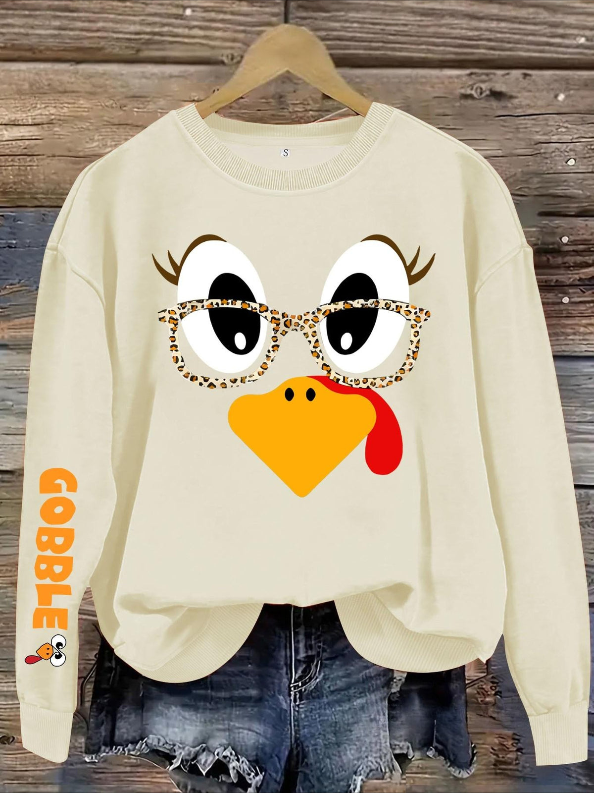 Funny Thanksgiving Turkey Sweatshirt/Hoodie – Leopard Glasses Gobble Graphic Crewneck, Cute Fall Pullover