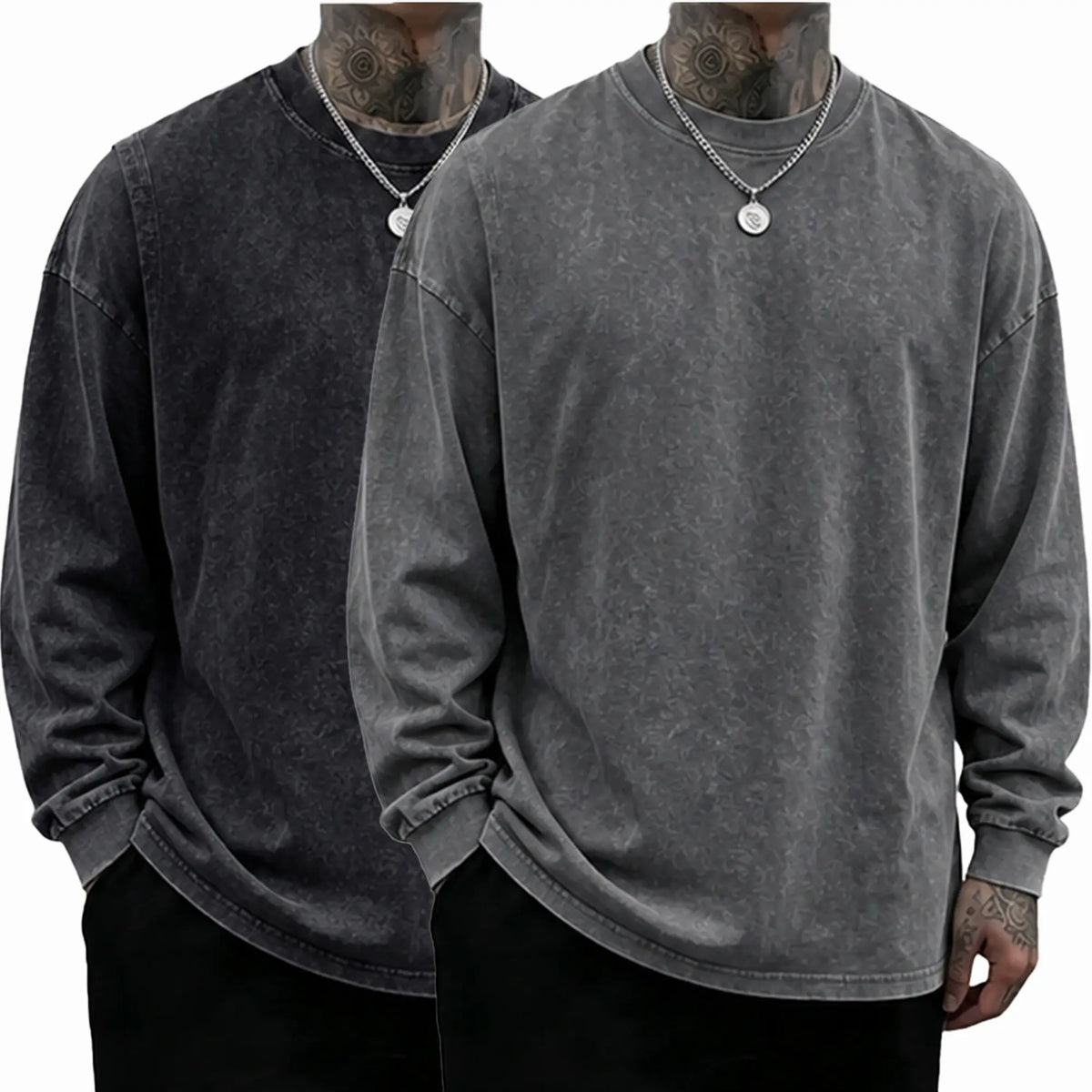 Men’s Vintage Washed Long Sleeve T-Shirt/Sweatshirt/Hoodie – Oversized Crewneck Relaxed Fit Streetwear Tee