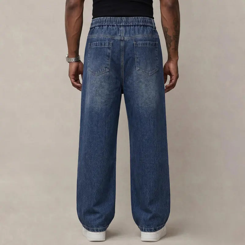 Men's Baggy Drawstring Jeans – Vintage Washed Wide Leg Denim Pants