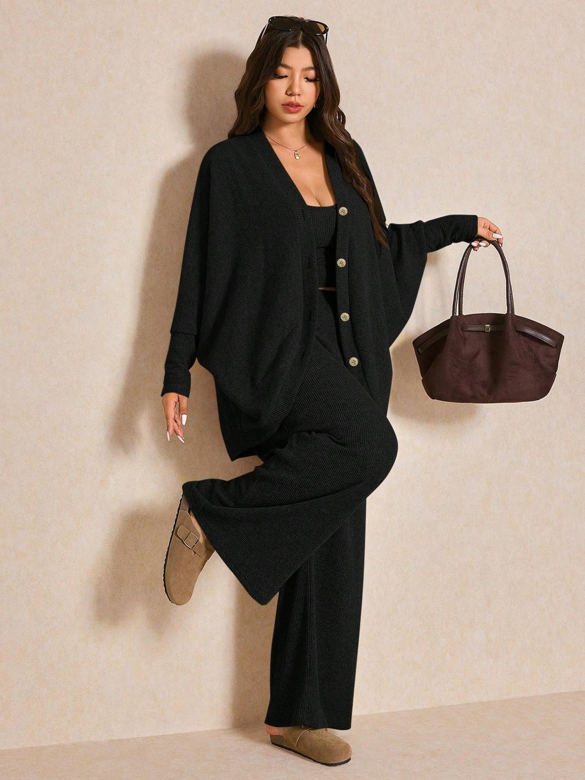 Women's Cozy 3-Piece Knit Lounge Set – Cardigan, Tank Top & Wide-Leg Pants
