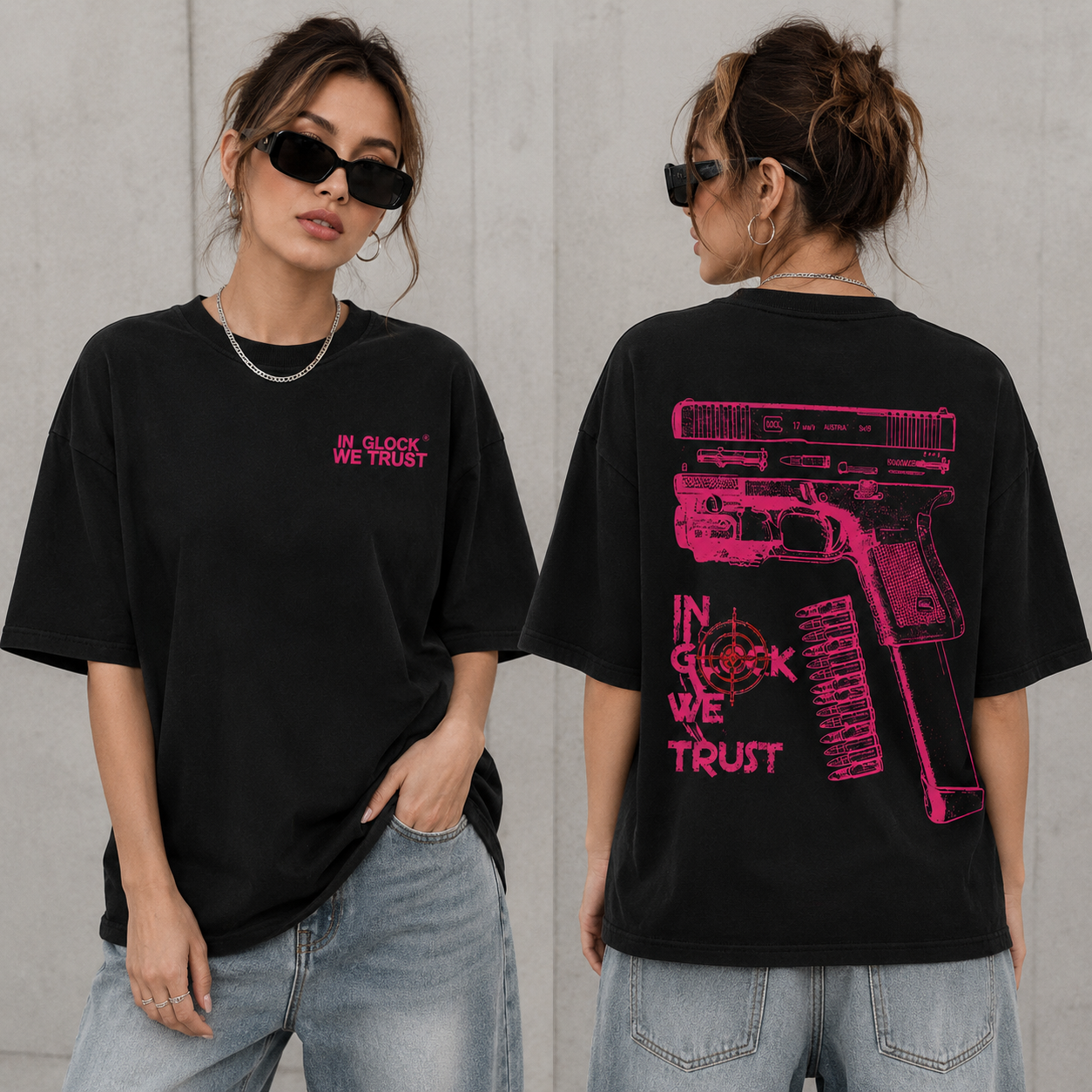 In Glock We Trust Graphic Hoodie/Sweatshirt/T-shirt – Bold Firearm Blueprint Print Pullover, Casual Streetwear Sweatshirt