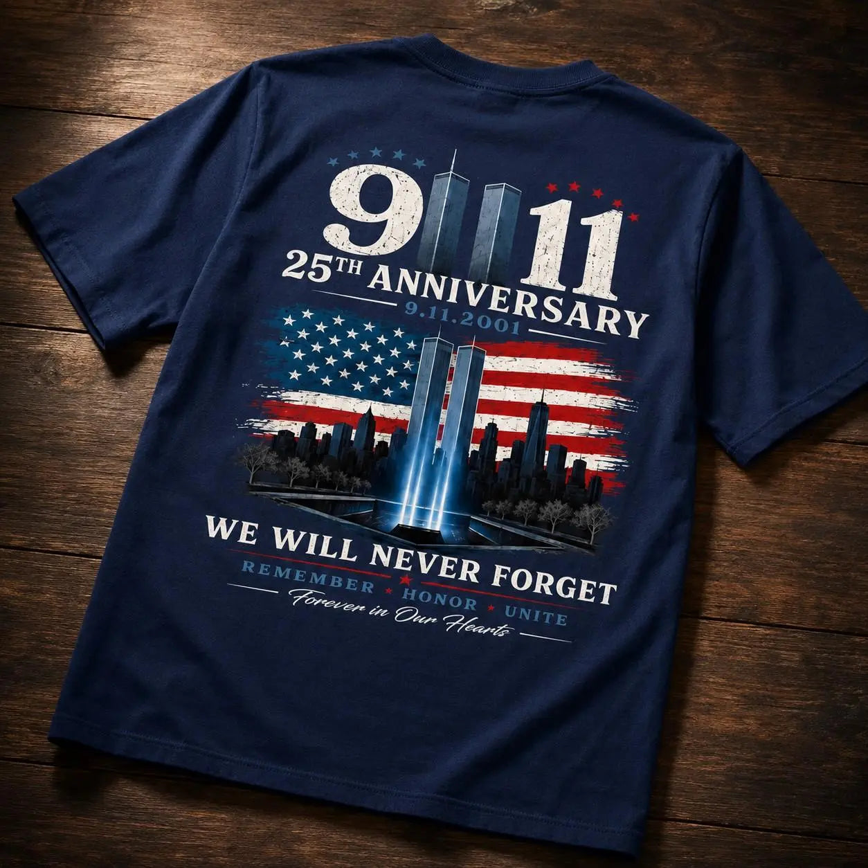 9/11 25th Anniversary Memorial T-Shirt/Sweatshirt/Hoodie – We Will Never Forget Patriotic American Flag Two-Sided Graphic Tee