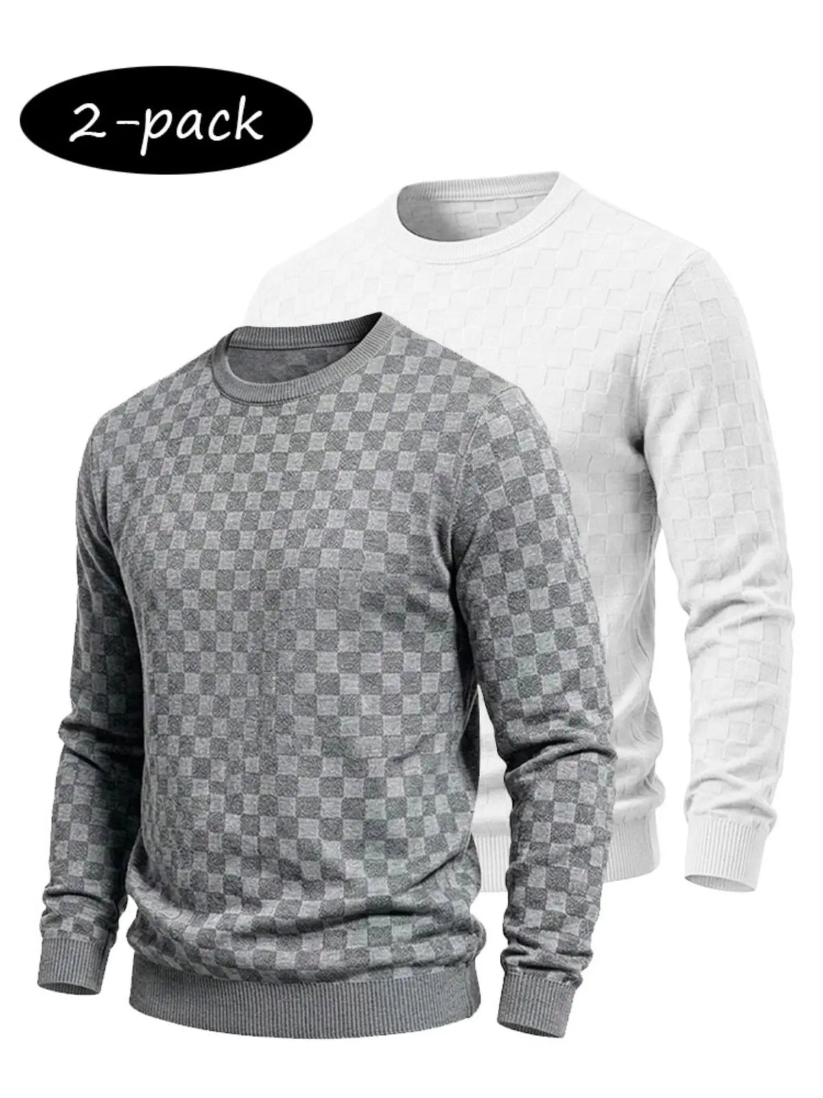 4-Pack Men’s Checkered Knit Sweaters – Lightweight Crewneck Long Sleeve Pullovers