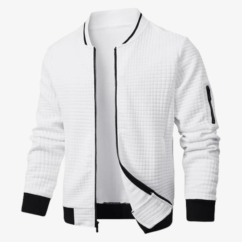 Men's Quilted Bomber Jacket – Black & White Contrast Zip-Up Casual Jacket, Modern Lightweight Streetwear Outerwear