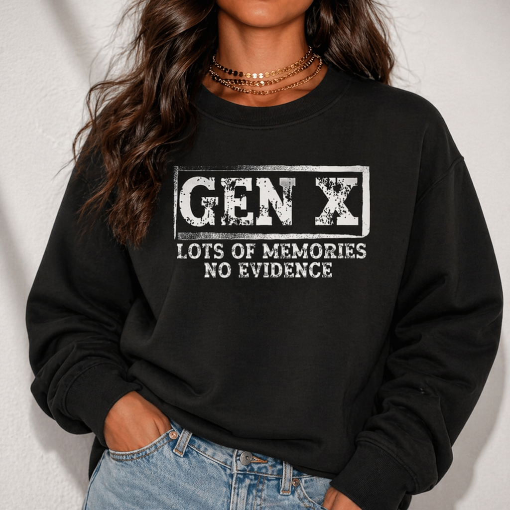 GEN X “Lots of Memories, No Evidence” Funny T-Shirt/Sweatshirt/Hoodie – Sarcastic Graphic Tee