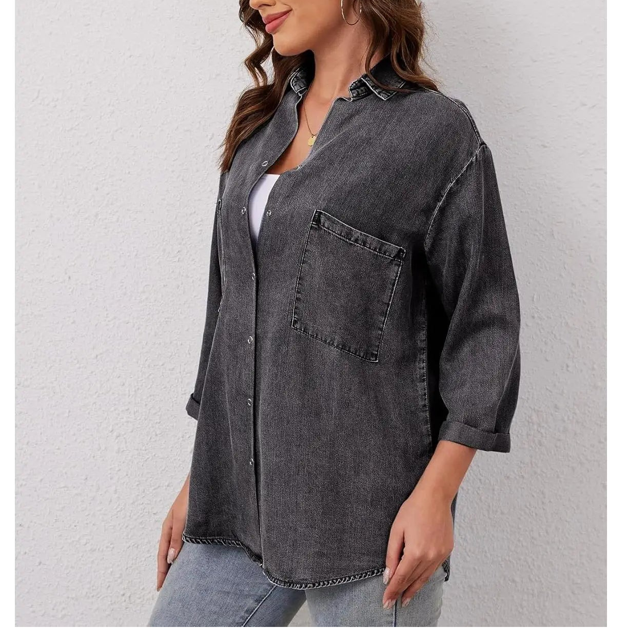 Women’s Tencel Chambray Denim Shirt – Oversized Button Down 3/4 Sleeve Top with Pockets