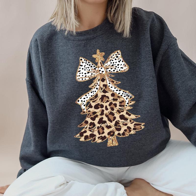 Leopard Print Christmas Tree, Dalmatian Bow, Santa, Cute, Girly Sweatshirt, Crew Neck, Women's, Crewneck