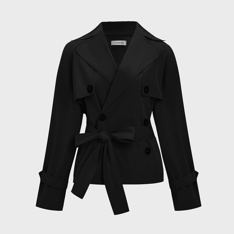 Women's Chic Belted Short Trench Jacket – Double-Breasted Fall Coat