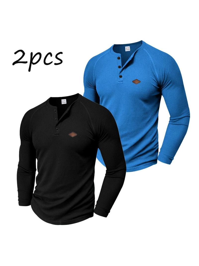 Men's 2-Pack Waffle Knit Henley Shirts – Long Sleeve Raglan Casual Tops