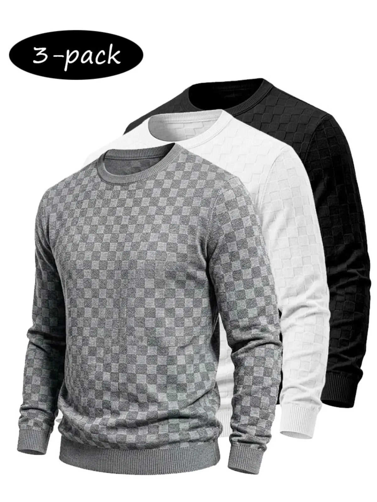 4-Pack Men’s Checkered Knit Sweaters – Lightweight Crewneck Long Sleeve Pullovers
